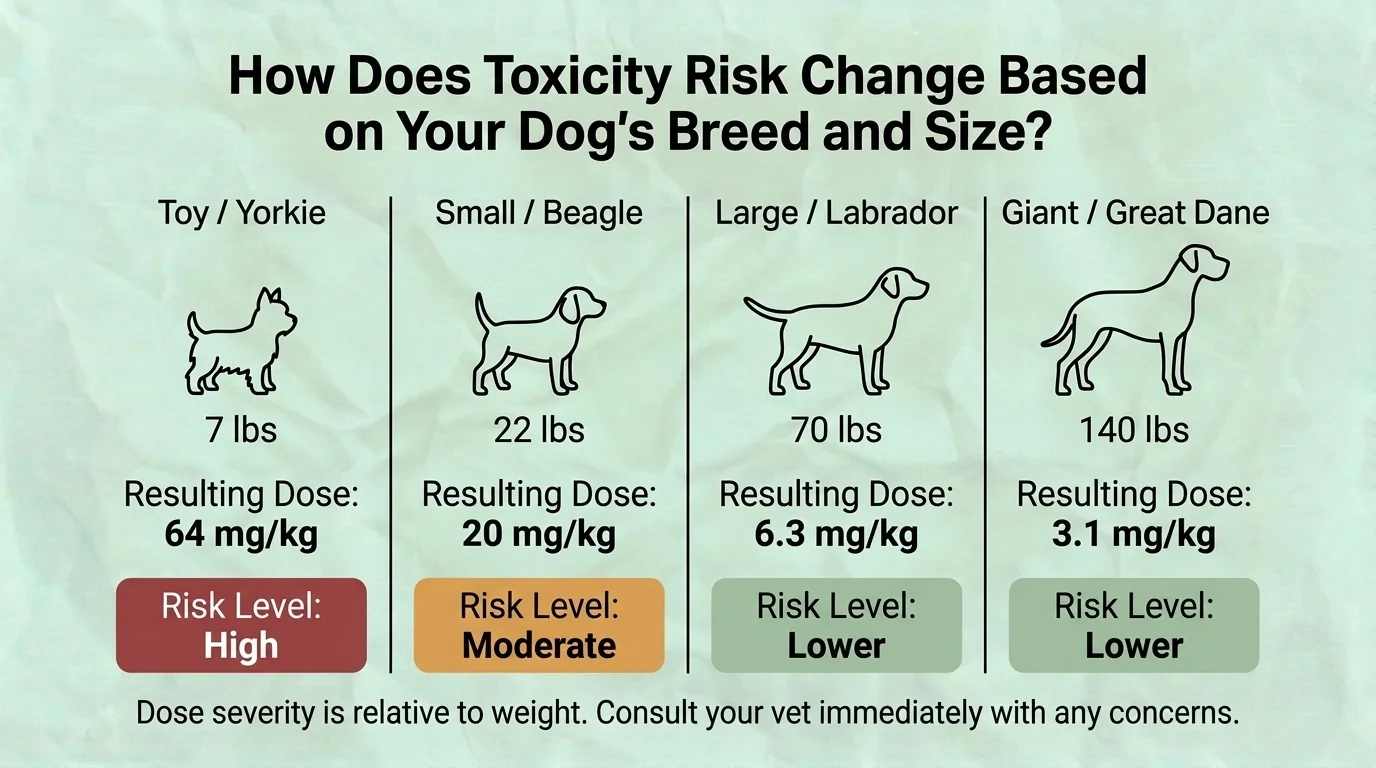How Ibuprofen Toxicity Risk Changes Based on Your Dog's Breed and Size Infographic comparing ibuprofen toxicity risk in small, medium, and large dogs, illustrating how body weight and breed size affect the severity of poisoning after ingesting the same amount of ibuprofen.