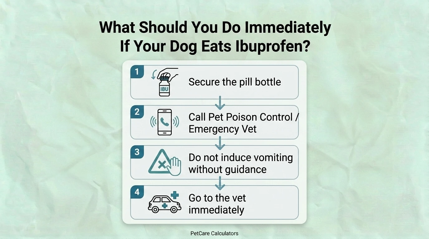What Should You Do Immediately If Your Dog Eats Ibuprofen? Infographic outlining the immediate steps to take if a dog eats ibuprofen, including removing access to the medication, contacting a veterinarian or pet poison center, calculating the estimated dose based on body weight, monitoring for symptoms, and seeking urgent veterinary care.