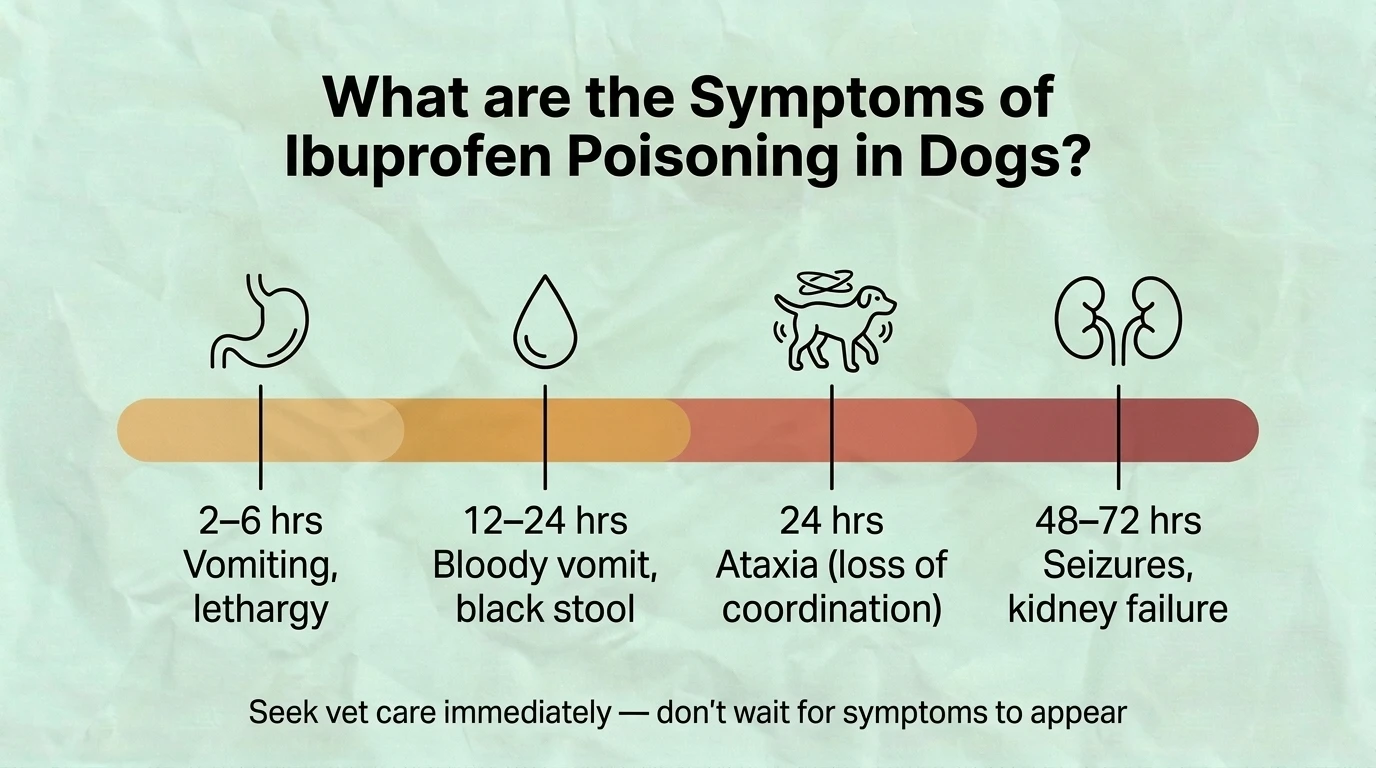 What Are the Symptoms of Ibuprofen Poisoning in Dogs? Infographic showing the symptoms of ibuprofen poisoning in dogs, including vomiting, diarrhea, loss of appetite, lethargy, abdominal pain, stomach ulcers, increased thirst, seizures, coma, and other signs that require immediate veterinary attention.