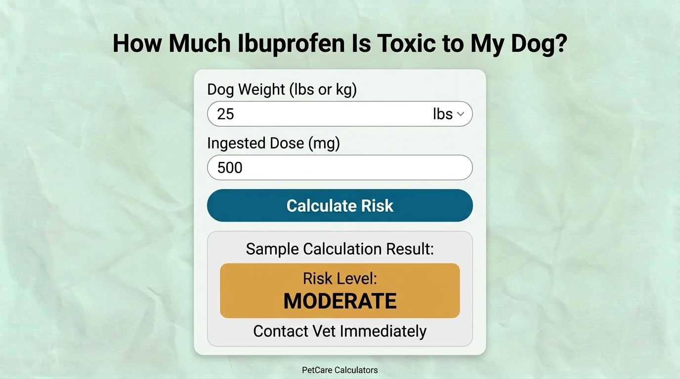 How Much Ibuprofen Is Toxic to My Dog? Infographic illustrating how ibuprofen toxicity in dogs is determined by the dose in milligrams per kilogram (mg/kg) of body weight, with visual examples of increasing poisoning risk as the dose rises.