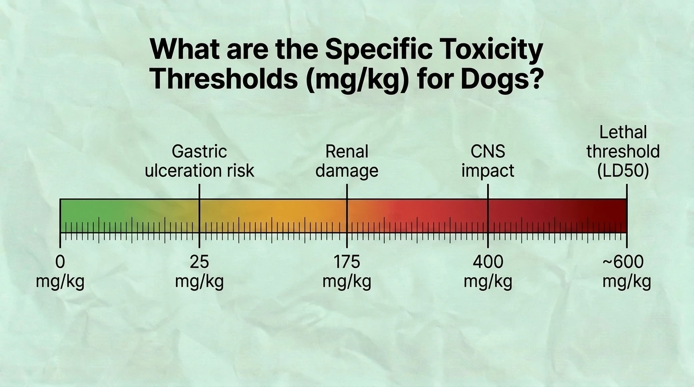 Specific Ibuprofen Toxicity Thresholds (mg/kg) for Dogs Veterinary reference chart showing specific ibuprofen toxicity thresholds for dogs in milligrams per kilogram (mg/kg), illustrating dose ranges associated with gastrointestinal irritation, kidney injury, neurological signs, and severe or life-threatening poisoning.