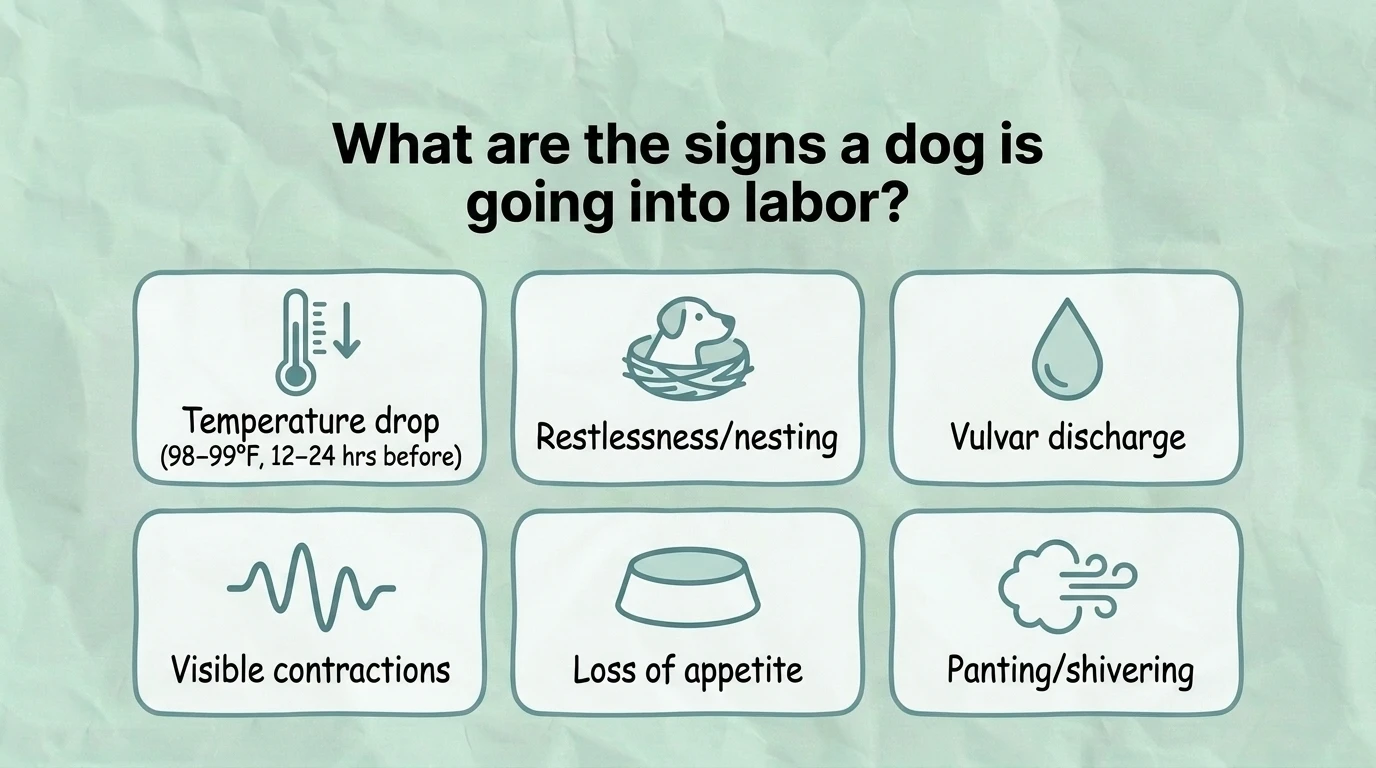 Infographic highlighting the common signs that a dog is going into labor, including nesting behavior, a drop in body temperature, restlessness, panting, loss of appetite, contractions, and the onset of puppy delivery.Infographic highlighting the common signs that a dog is going into labor, including nesting behavior, a drop in body temperature, restlessness, panting, loss of appetite, contractions, and the onset of puppy delivery.