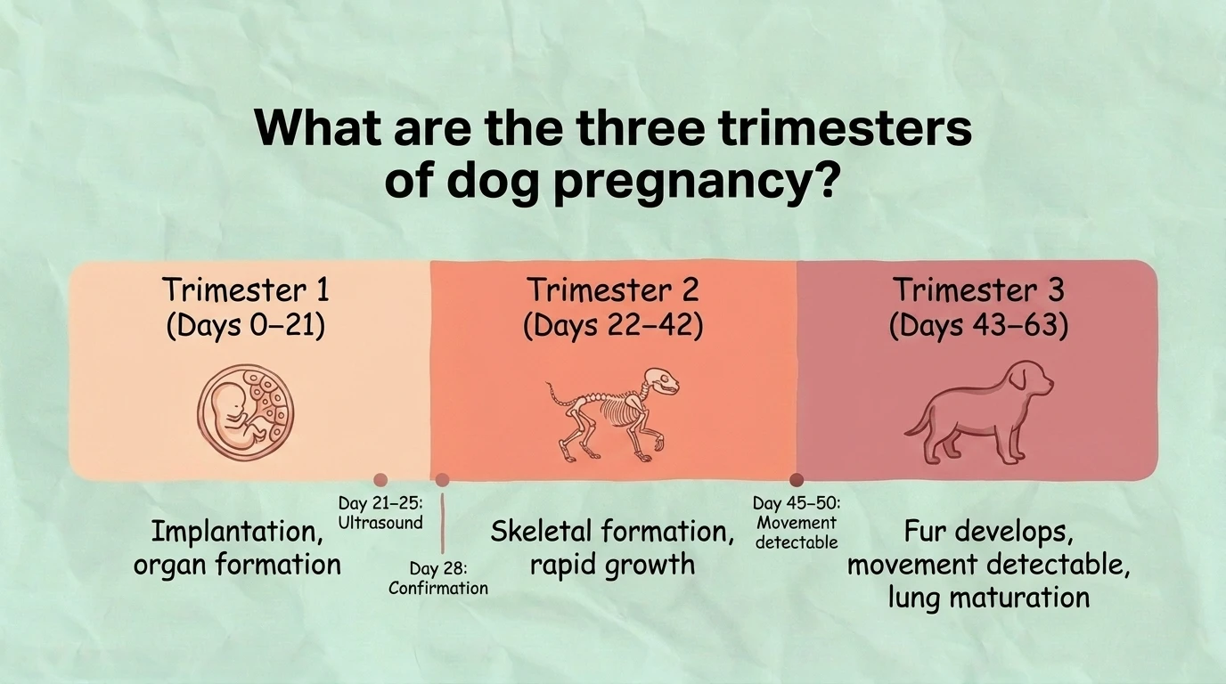 Timeline infographic illustrating the three trimesters of dog pregnancy, highlighting fetal development, physical changes in the mother, and key milestones from breeding to whelping.