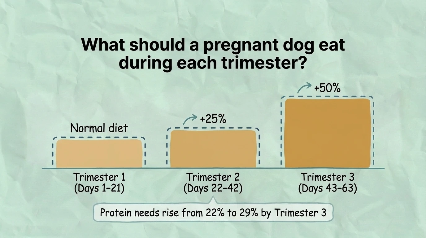 Infographic showing the recommended diet for a pregnant dog during each trimester, including nutritional needs, calorie intake, protein requirements, and feeding adjustments to support healthy fetal development and the mother's health.