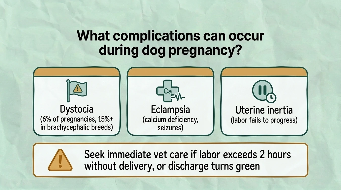 Infographic highlighting common complications during dog pregnancy, including miscarriage, dystocia (difficult labor), eclampsia, infections, premature labor, and warning signs that require immediate veterinary care.