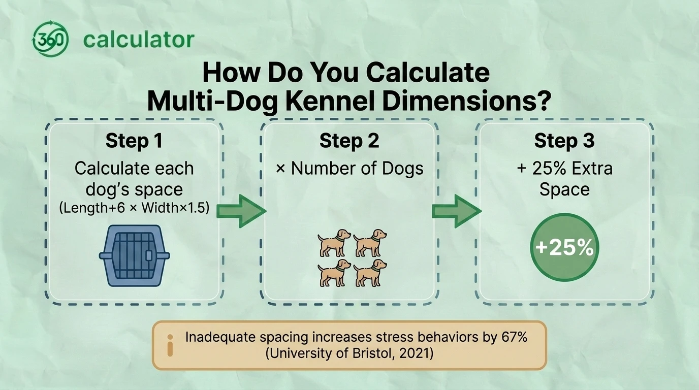 How to Calculate Multi-Dog Kennel Dimensions Infographic showing how to calculate the ideal dimensions for a multi-dog kennel based on the number of dogs, their size, breed, and recommended space requirements for comfort, movement, and safety.