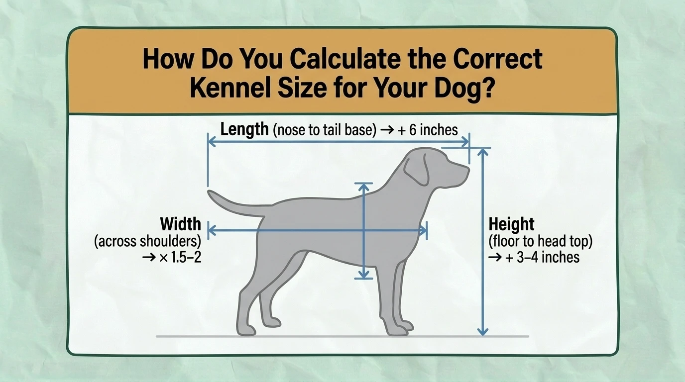 How to Calculate the Correct Kennel Size for Your Dog Infographic illustrating how to calculate the correct kennel size for a dog by measuring body length, height, and width, then adding the recommended clearance for comfortable standing, turning, and lying down.