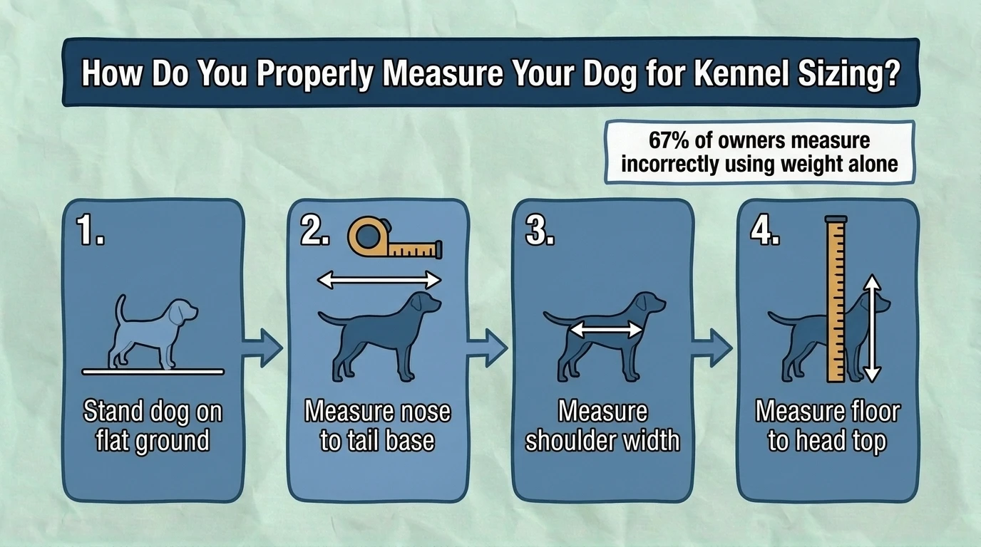 How to Properly Measure Your Dog for Kennel Sizing Step-by-step infographic showing how to measure a dog's length, height, and width correctly for kennel sizing to ensure enough space for standing, turning around, and lying down comfortably.