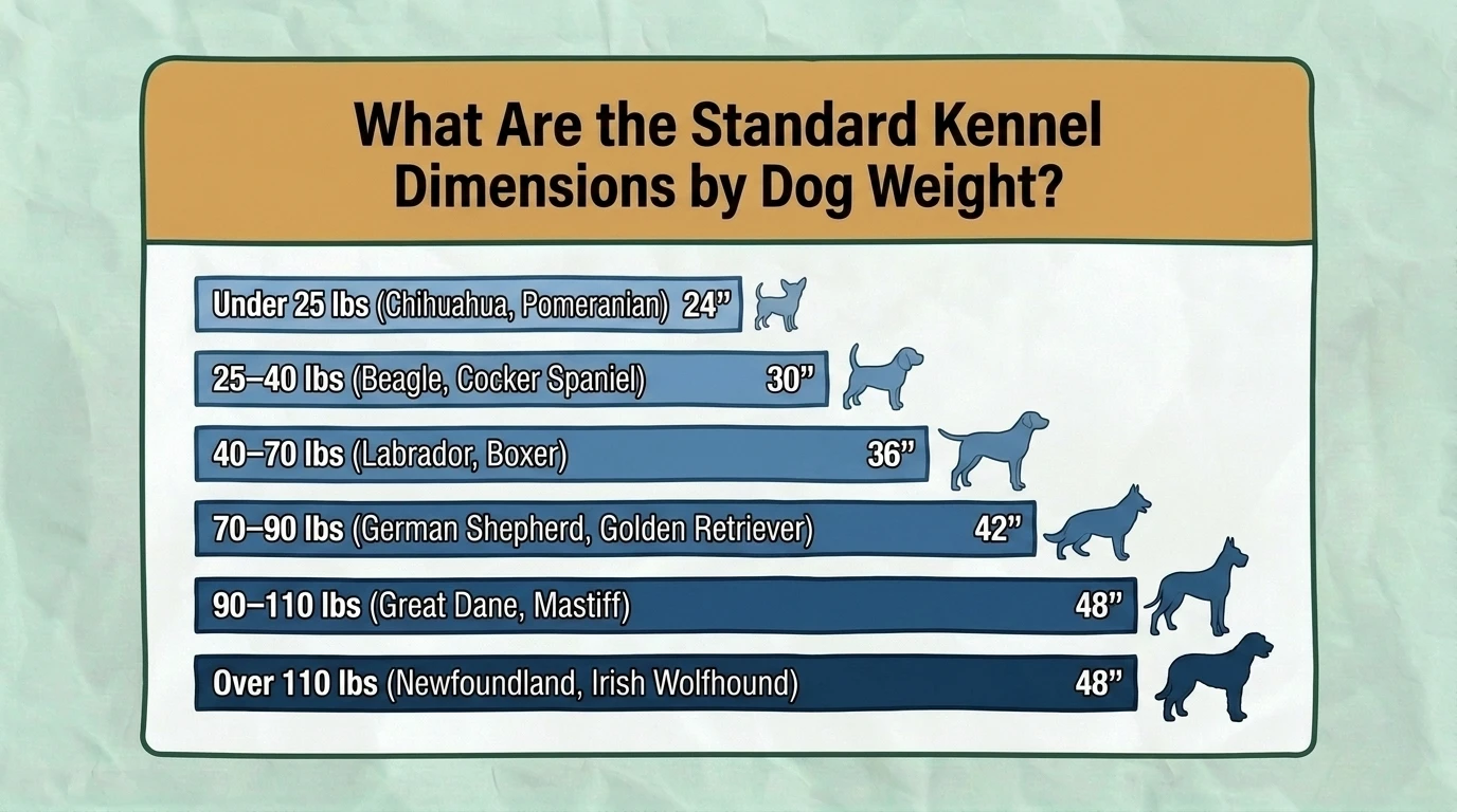 Standard Kennel Dimensions by Dog Weight Comparison chart showing standard dog kennel dimensions by weight category, including recommended kennel length, width, and height for small, medium, large, and giant breed dogs to ensure comfort and safety.