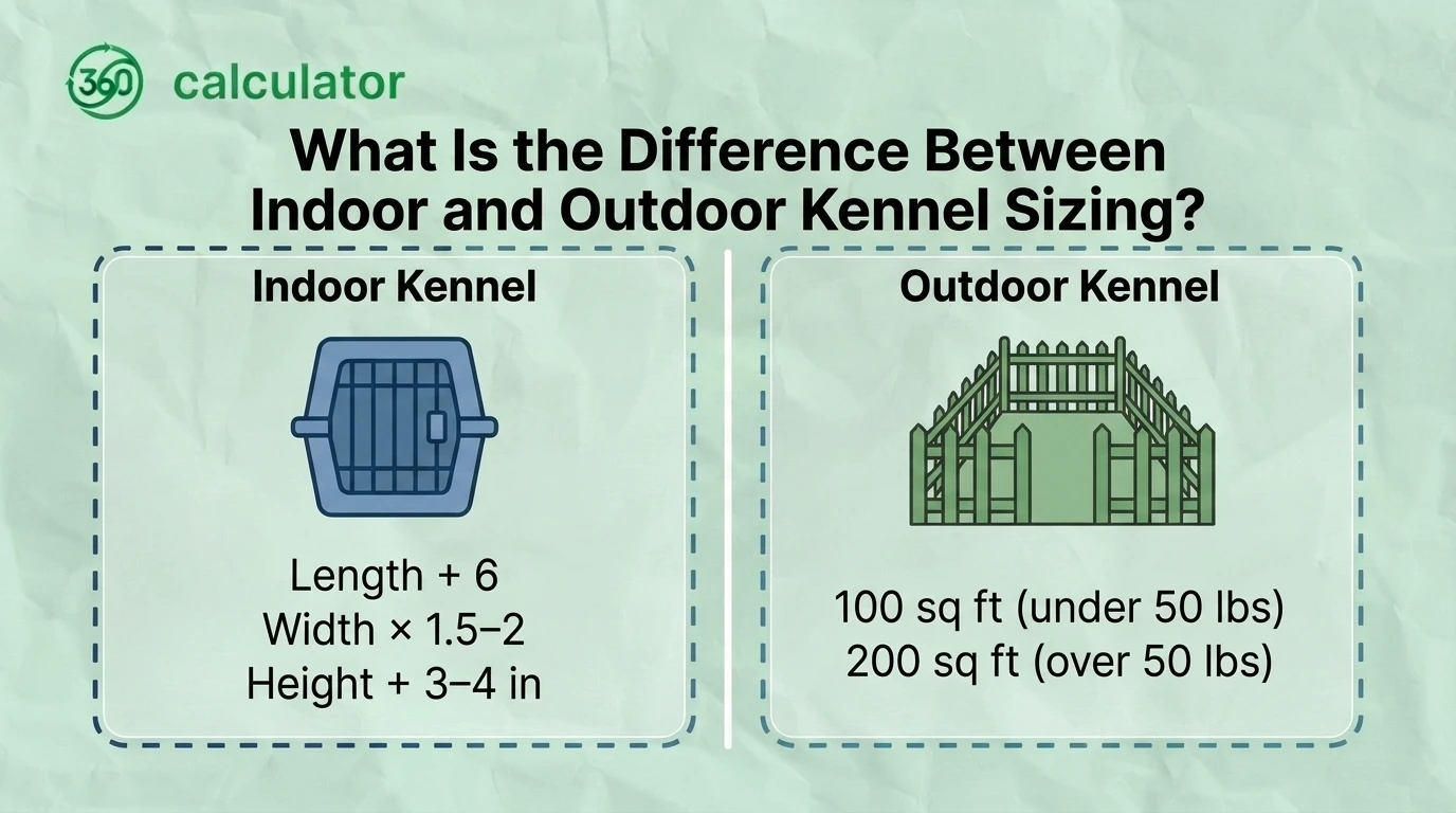 Difference Between Indoor and Outdoor Dog Kennel Sizing Comparison infographic showing the differences between indoor and outdoor dog kennel sizing, including recommended dimensions, ventilation, weather protection, exercise space, and comfort requirements for each type of kennel.