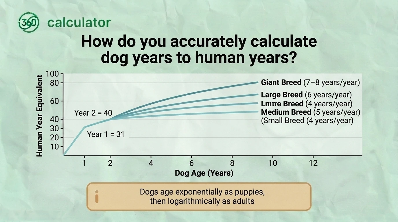 Infographic explaining how to accurately calculate dog years to human years using modern age conversion methods that account for a dog's age, size, and breed rather than the traditional 7-to-1 rule.