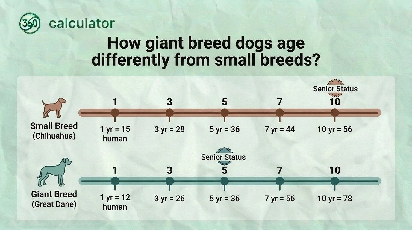 Comparison infographic showing how giant breed dogs age differently from small breeds, highlighting differences in growth rate, aging speed, life expectancy, and human age conversion across different dog sizes.