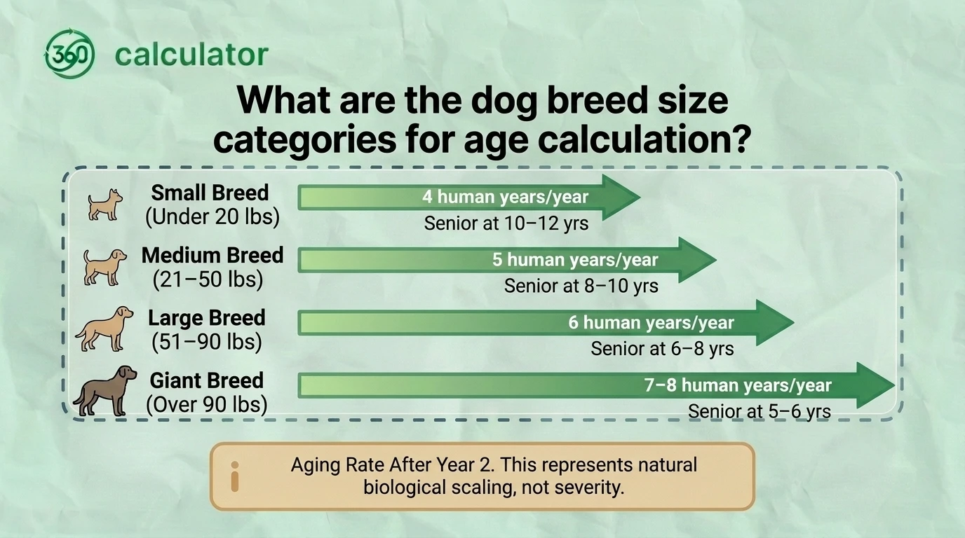 Infographic showing the dog breed size categories used for age calculation, including toy, small, medium, large, and giant breeds, with typical weight ranges and their impact on dog-to-human age conversion.
