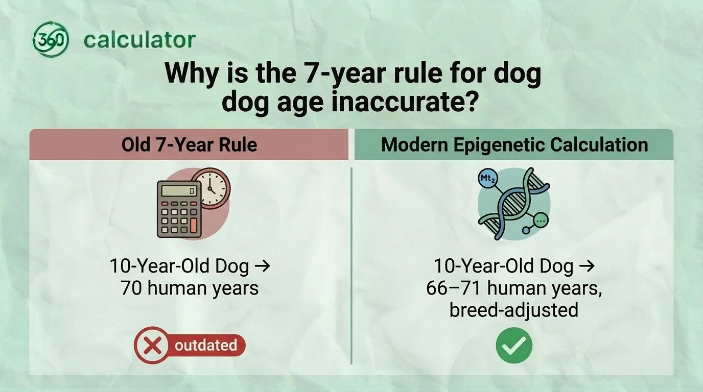 Infographic explaining why the traditional 7-year rule for dog age is inaccurate, comparing it with modern dog-to-human age conversion methods that account for breed, size, and different aging rates throughout a dog's life.