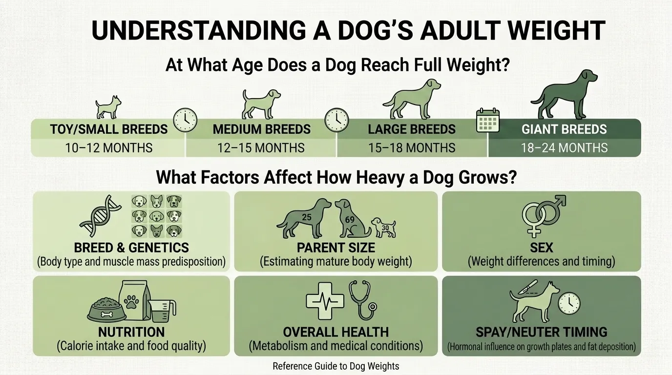 At What Age Does a Dog Reach Full Height? Timeline infographic showing when dogs typically reach their full height based on breed size, comparing toy, small, medium, large, and giant breeds from puppyhood to full physical maturity.