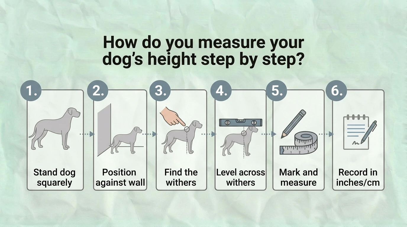 How to Measure Your Dog’s Height Step by Step Step-by-step infographic showing how to accurately measure a dog's height from the ground to the highest point of the shoulders (withers) using a measuring tape while the dog stands on a flat surface.