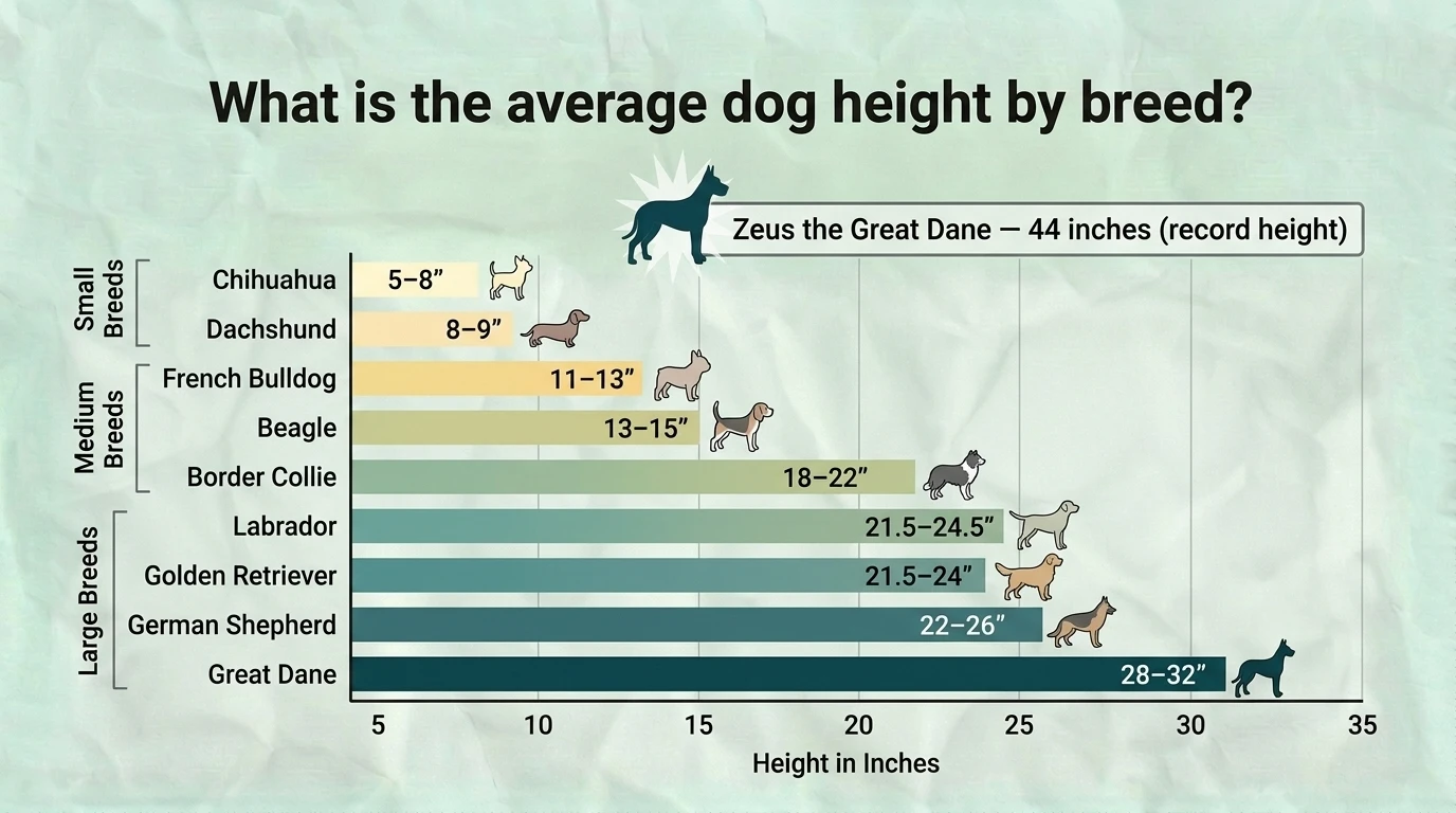 : Average Dog Height by Breed Comparison chart showing the average height of popular dog breeds, grouped into toy, small, medium, large, and giant categories, with typical shoulder (withers) height ranges for each breed.