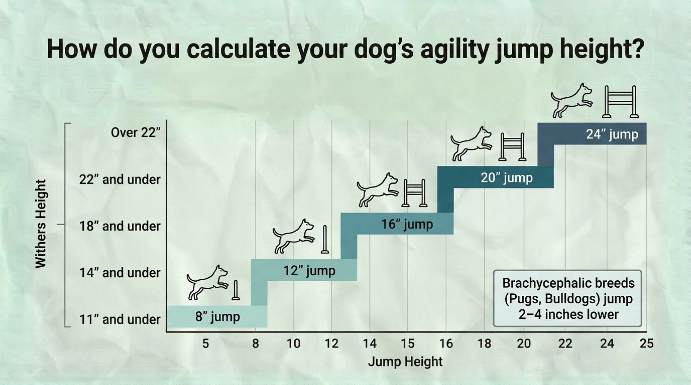 How to Calculate Your Dog’s Agility Jump Height Infographic showing how to calculate a dog's agility jump height by measuring shoulder height (withers) and applying standard agility competition height categories based on breed size and official guidelines.