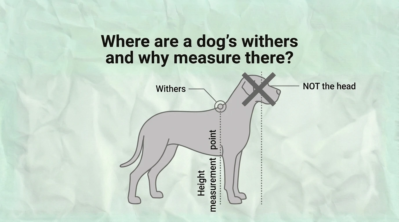 Where a Dog’s Withers Are and Why They Are Measured Anatomical infographic showing the location of a dog's withers at the highest point of the shoulders and explaining why this point is used as the standard reference for measuring a dog's height for breed standards, agility, and kennel sizing.