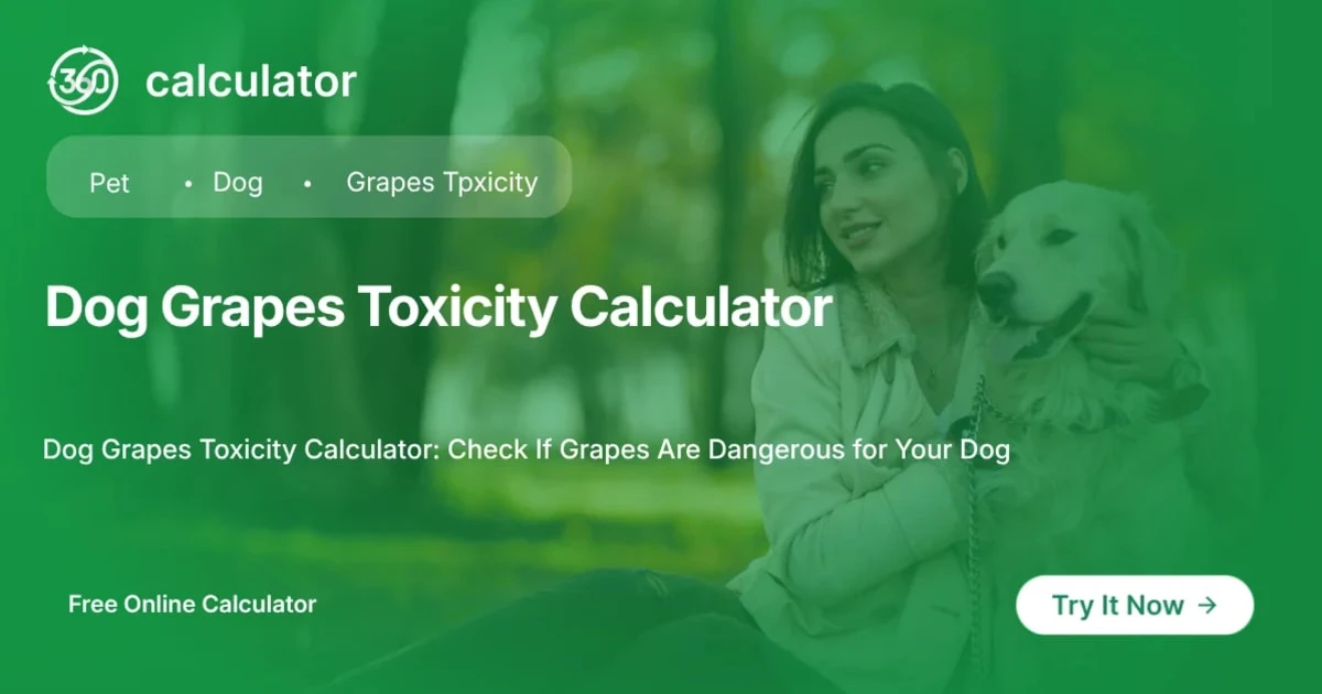 Dog Grapes Toxicity Calculator Feature Image 360 Calculator feature image for Dog Grapes Toxicity Calculator to check toxicity levels in grams per kilogram