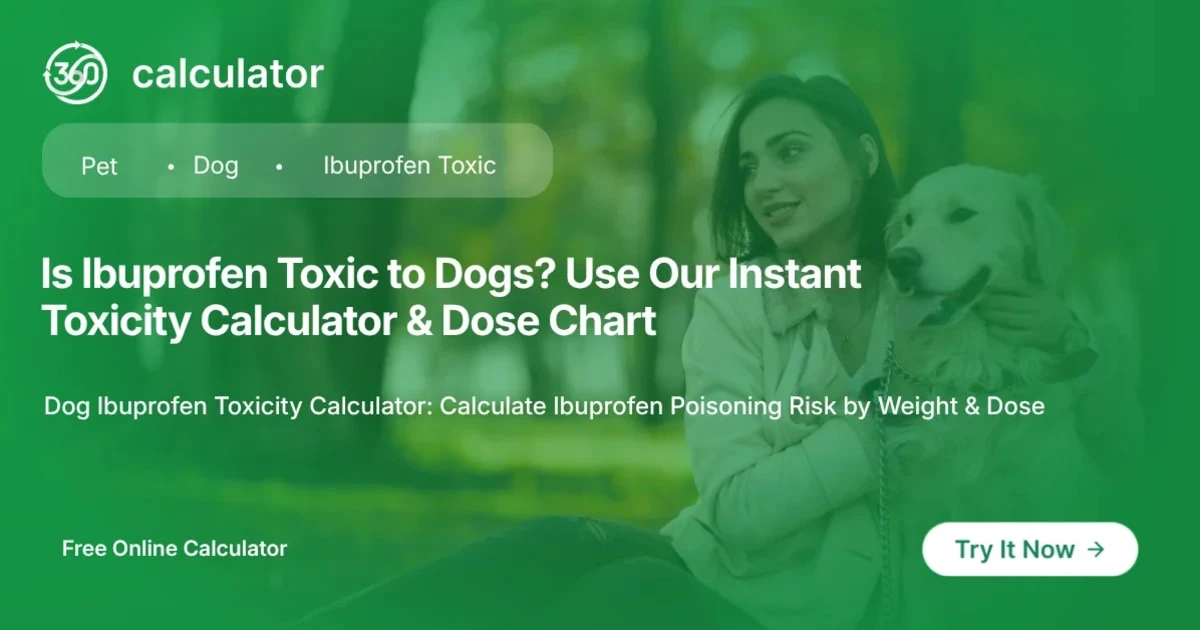 Dog Ibuprofen Toxicity Risk Calculator Dog Ibuprofen Toxicity Calculator feature banner by 360 Calculator to calculate toxic NSAID dosage and poisoning risk levels by weight.