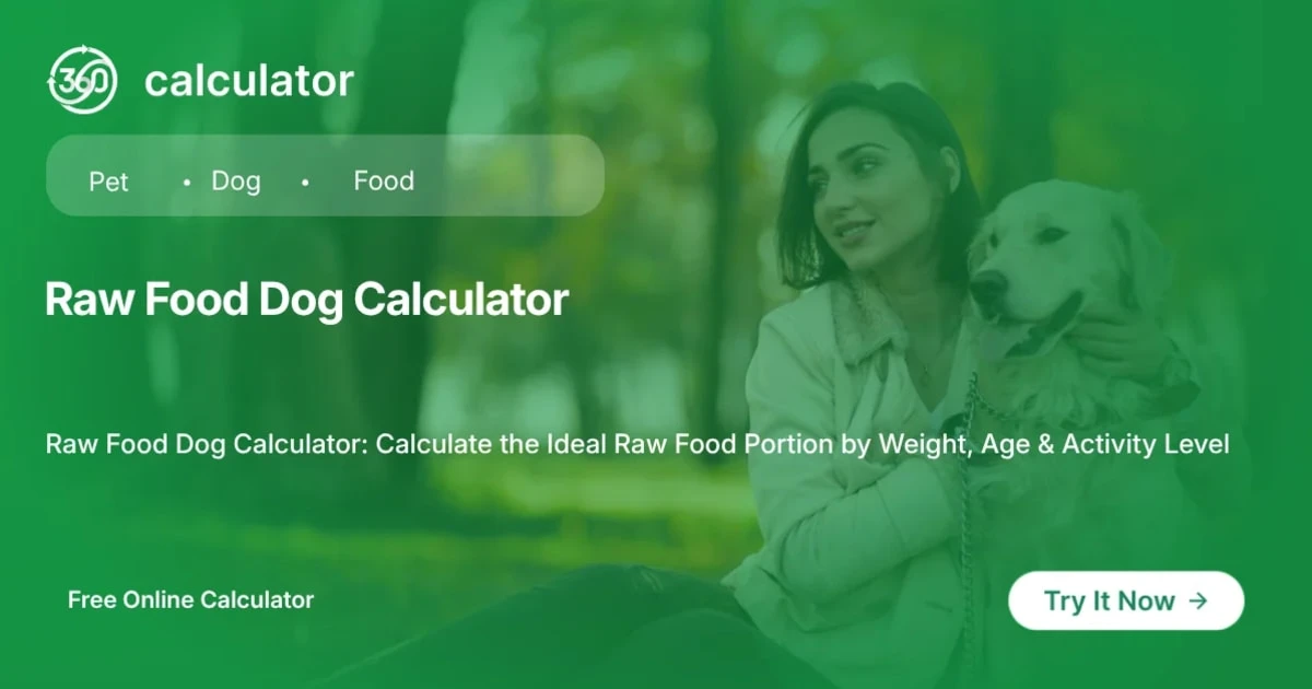 Raw Food Dog Calculator Raw Food Dog Calculator feature banner by 360 Calculator to determine daily raw food portions using the 2-3% body weight rule.