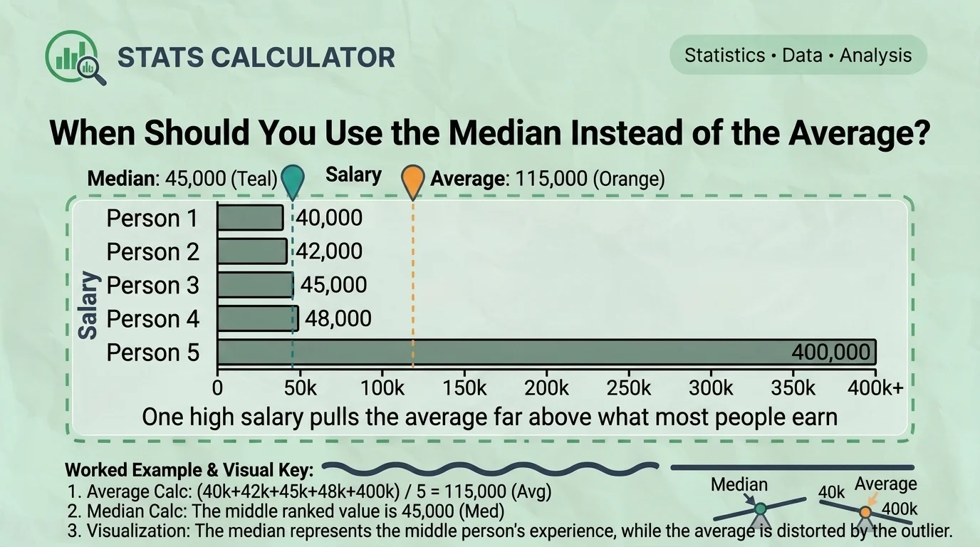 Mean vs median salary example showing how an outlier affects the average