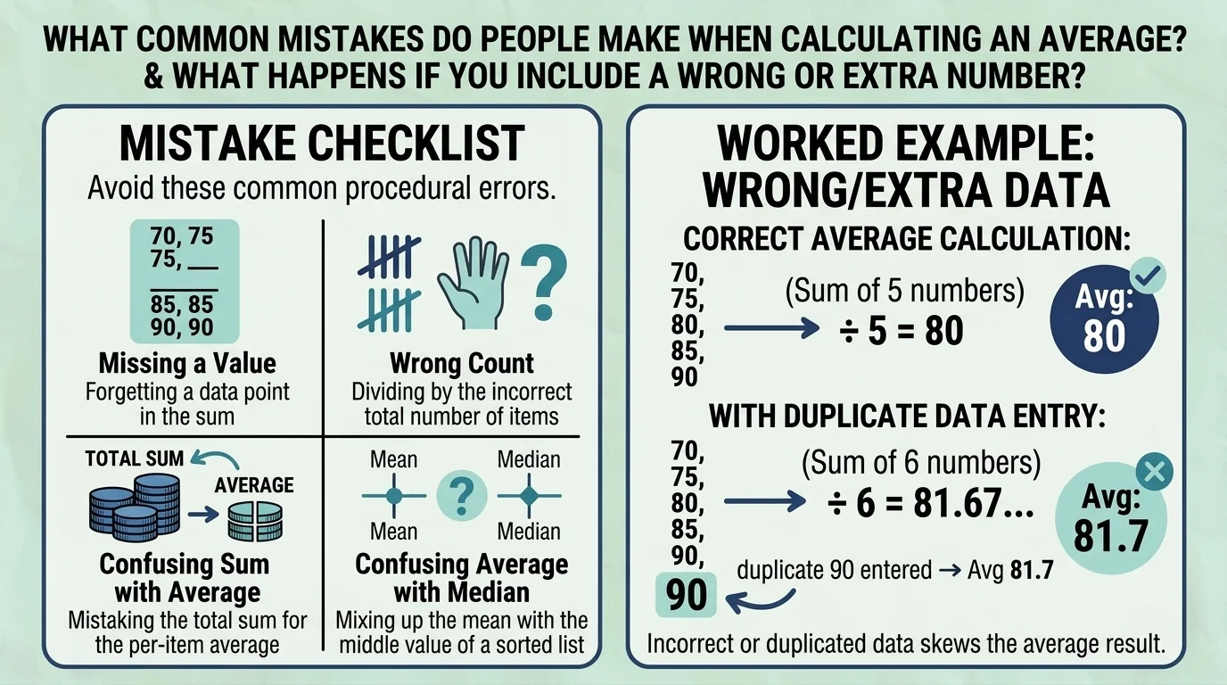 Common mistakes when calculating an average, including wrong counts and duplicate data