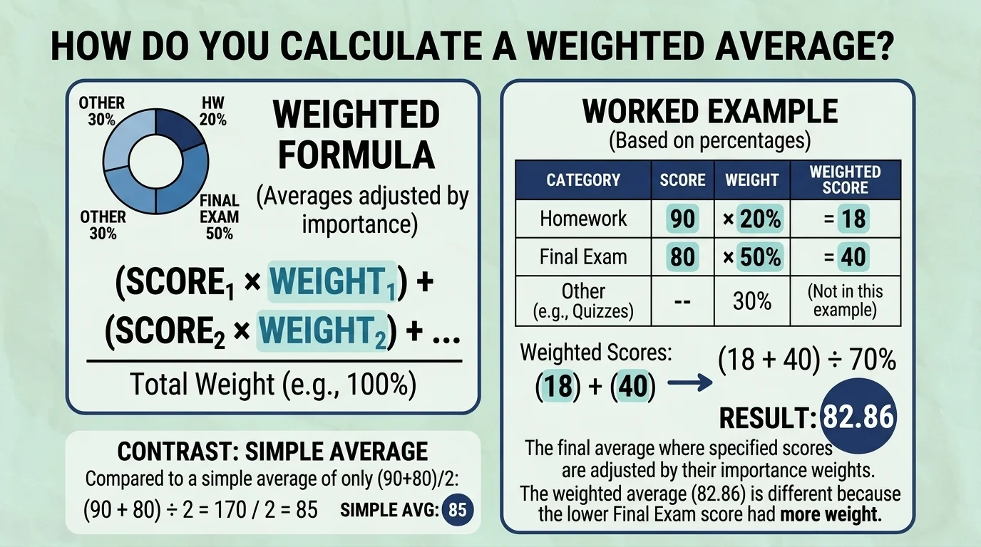 Weighted average calculation formula with homework and final exam score example
