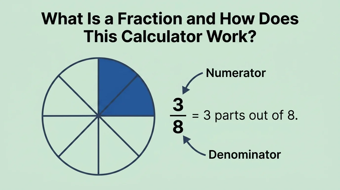 What Is a Fraction? Numerator and Denominator Explained Pie chart showing fraction 3/8 with 3 out of 8 parts shaded, labeled with numerator and denominator