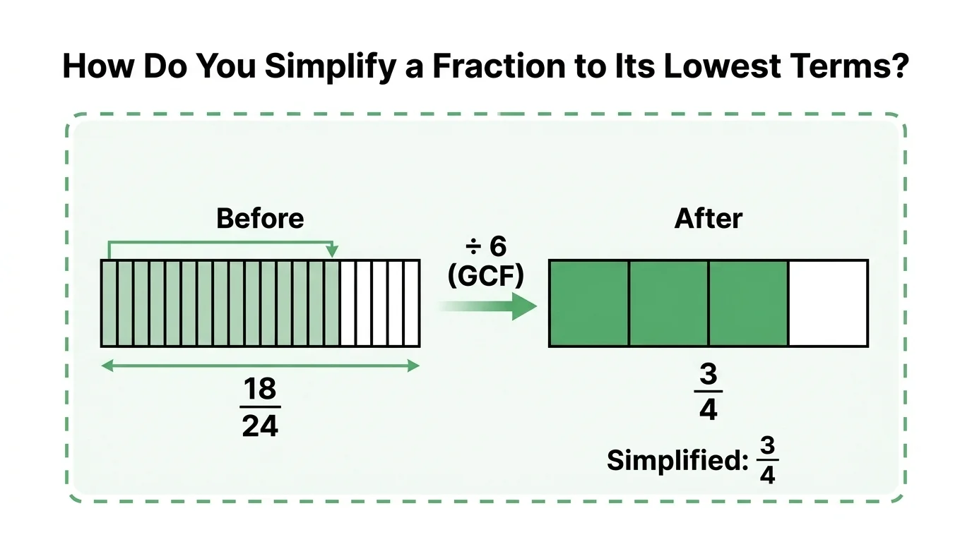 How to Simplify Fractions to Lowest Terms Bar diagram showing fraction 18/24 simplified to 3/4 by dividing by GCF of 6