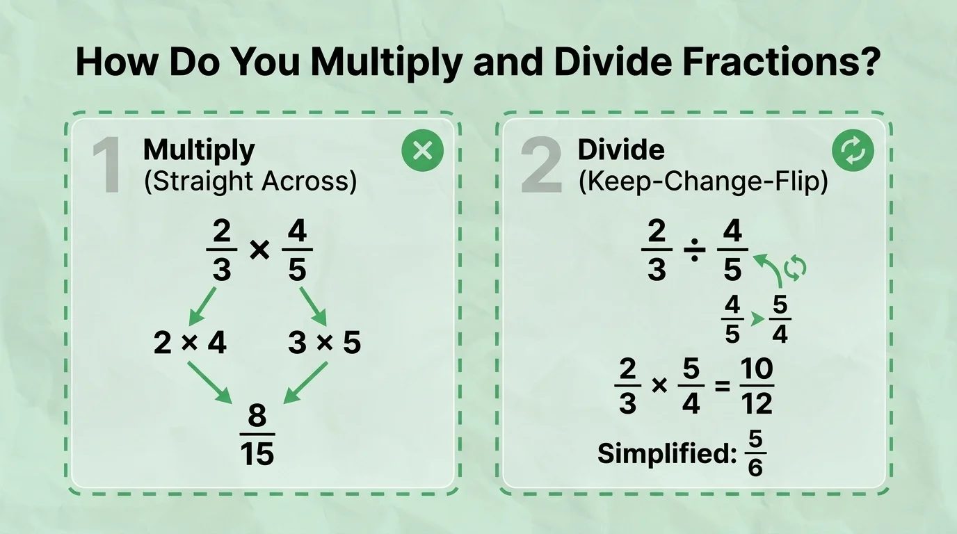 How to Multiply and Divide Fractions Diagram showing how to multiply fractions straight across and divide fractions using keep-change-flip method