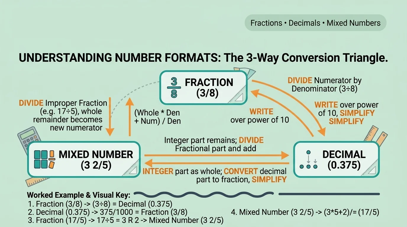 Converting Between Fractions, Decimals, and Mixed Numbers Triangle diagram showing how to convert between fractions, decimals, and mixed numbers with worked examples