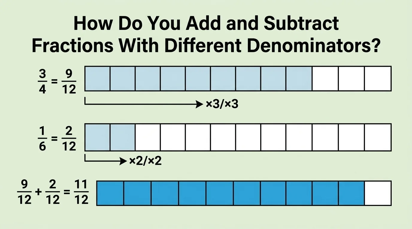 How to Add and Subtract Fractions With Different Denominators Bar diagram showing how to add fractions with different denominators by finding common denominator of 12