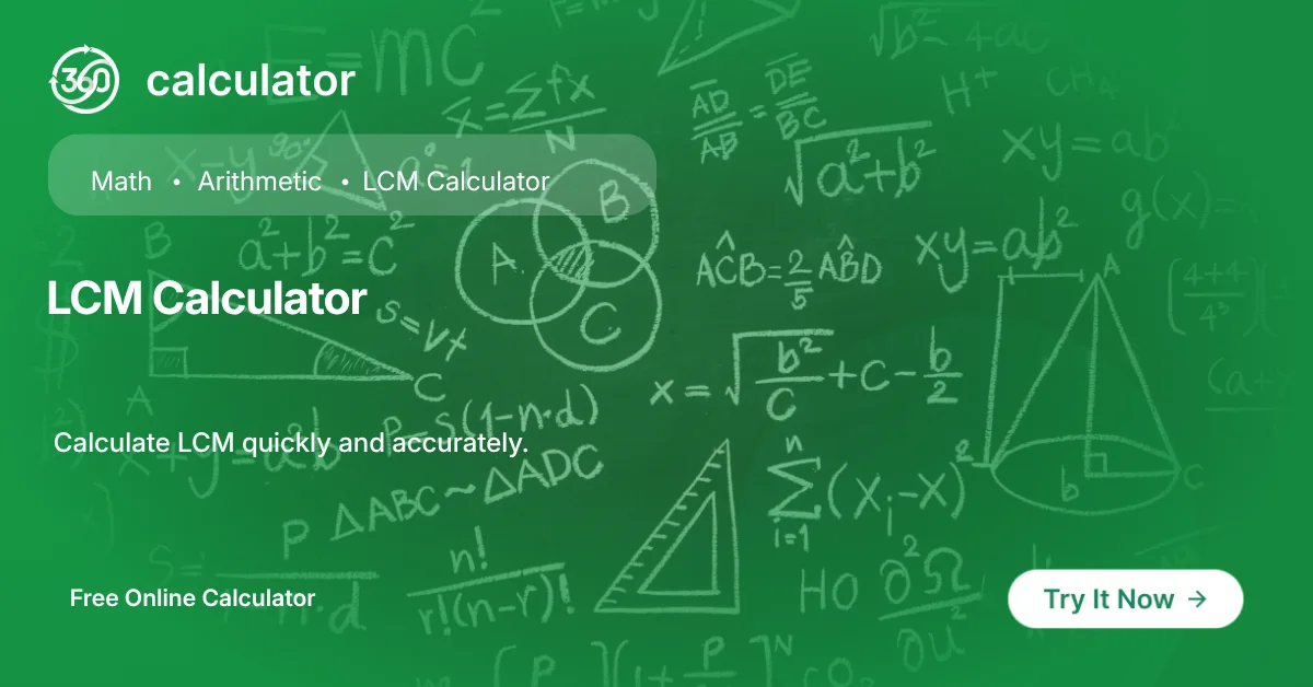 LCM Calculator Free Online Tool LCM Calculator banner with chalkboard math equations background, offering free quick LCM calculation