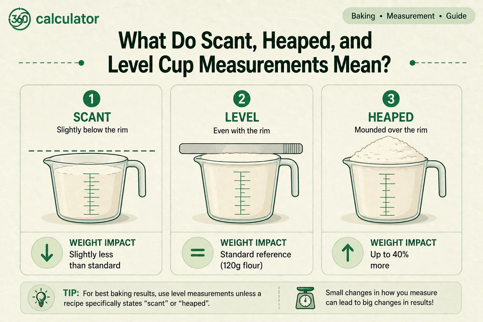 Scant, level, and heaped cup measurements explained for baking