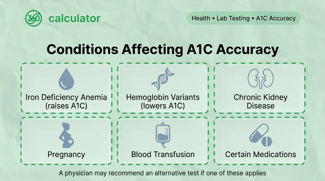 Conditions Affecting A1C Accuracy Conditions that can affect A1C accuracy including anemia, hemoglobin variants, kidney disease, pregnancy, blood transfusion, and medications