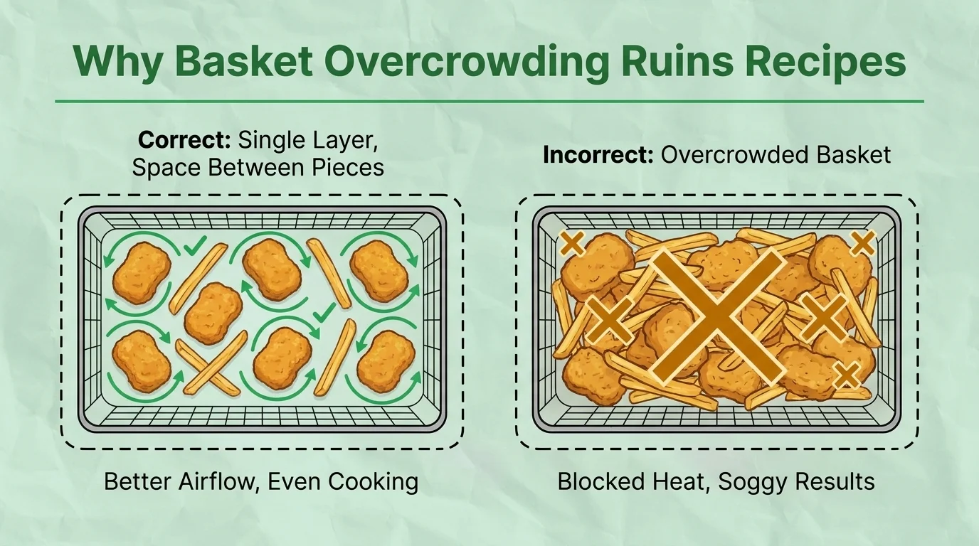Why Air Fryer Basket Overcrowding Ruins Recipes Air fryer basket showing proper spacing for airflow compared with an overcrowded basket