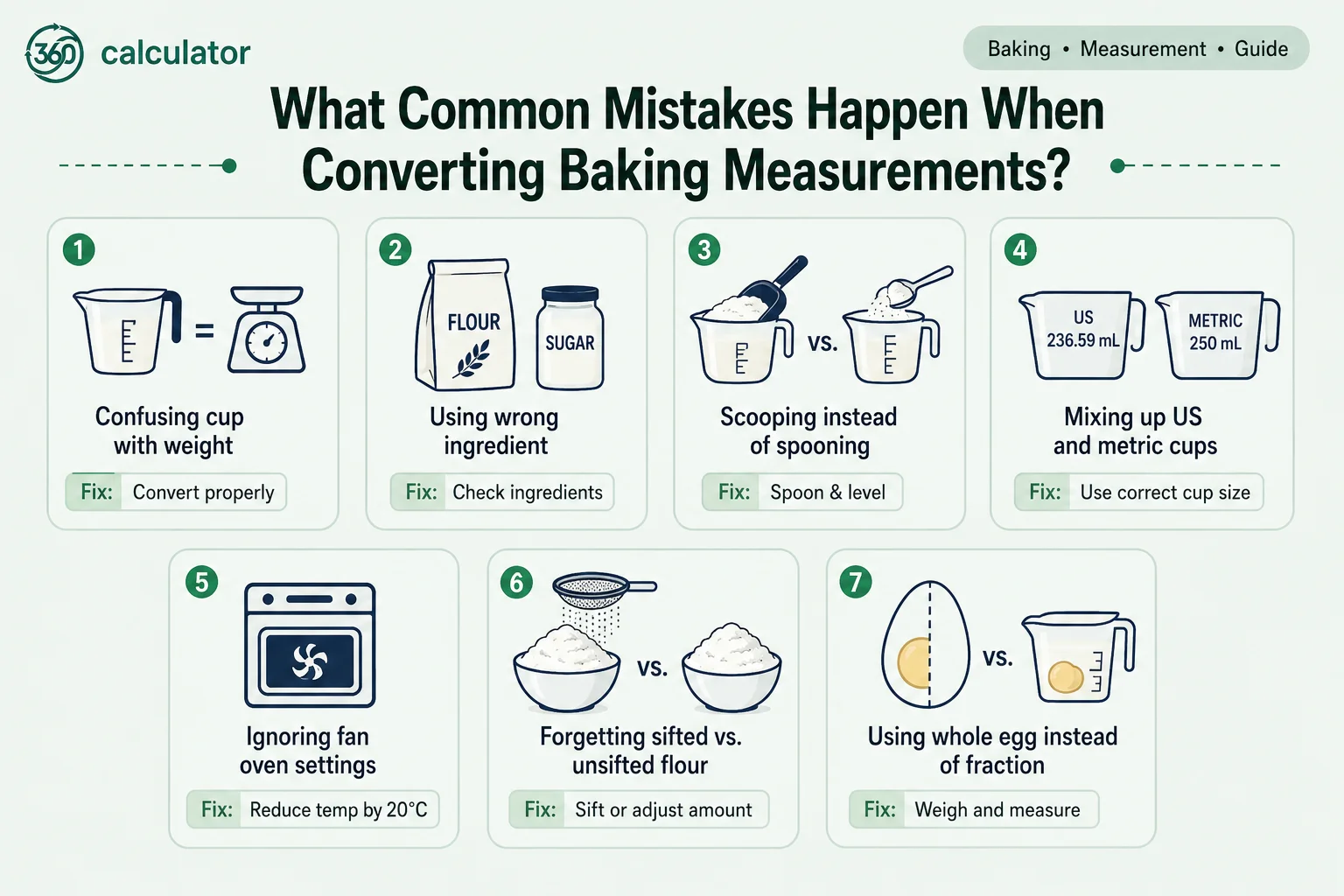 Common Baking Measurement Conversion Mistakes Infographic showing 7 common baking measurement conversion mistakes and how to fix them