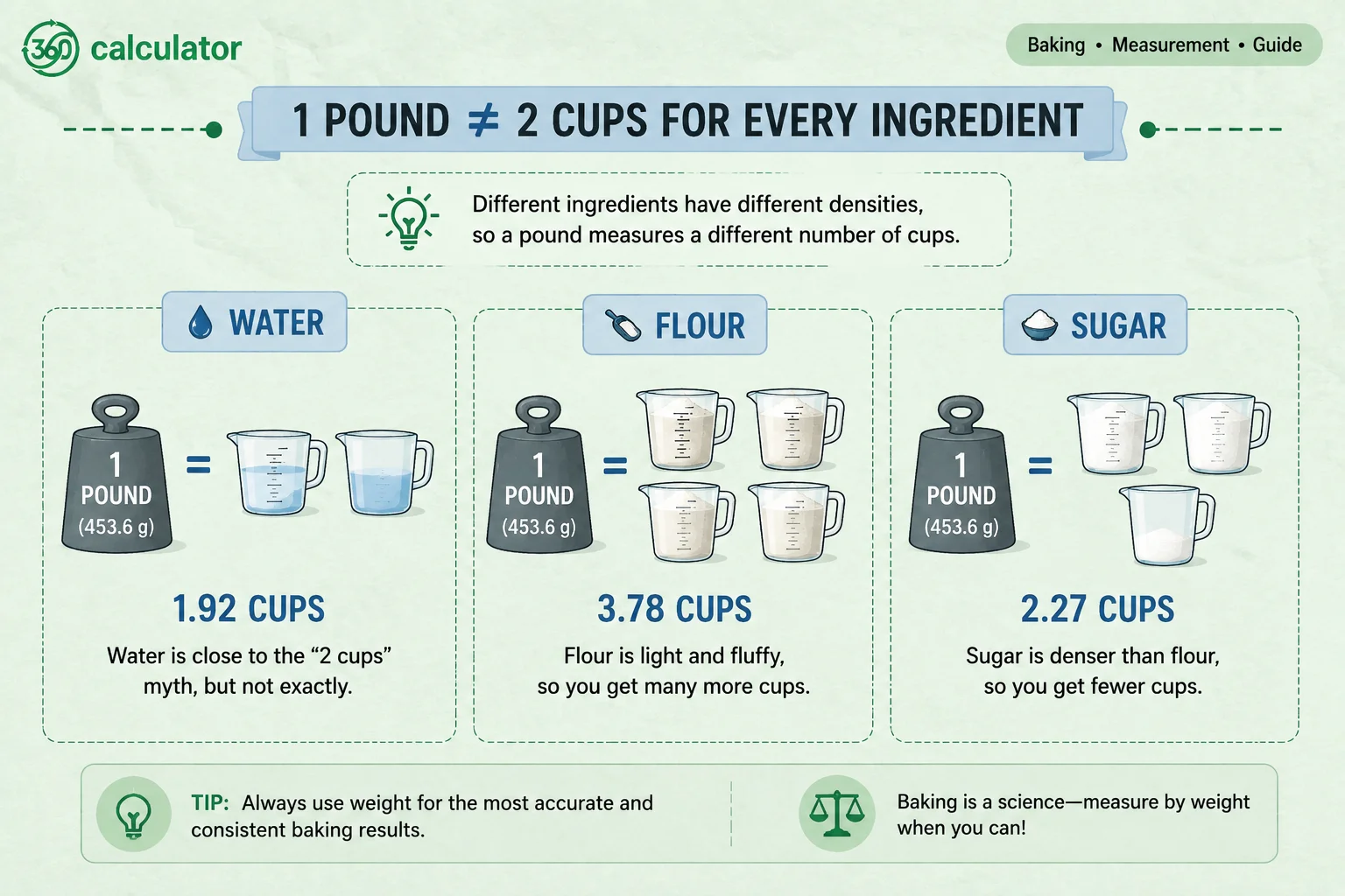 1 Pound ≠ 2 Cups for Every Ingredient Water, Flour & Sugar Conversion Guide Infographic showing how many cups are in one pound of water, flour, and sugar, comparing their different densities and cup measurements.