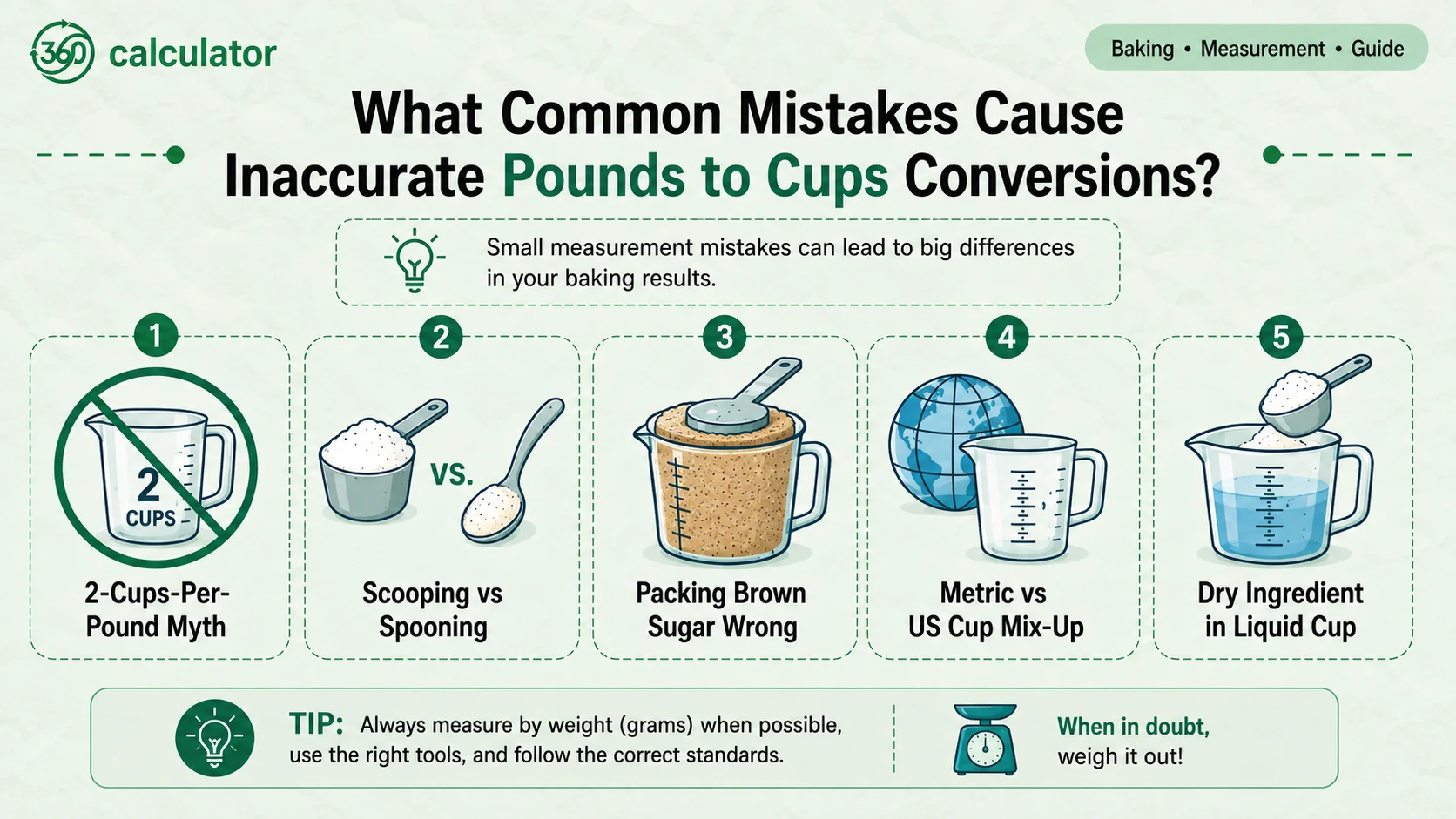 Common Mistakes in Pounds to Cups Conversions Common mistakes that cause inaccurate pounds-to-cups conversions, including the 2-cups-per-pound myth, scooping vs. spooning, packing brown sugar, metric vs. US cup confusion, and using dry ingredients in liquid measuring cups.