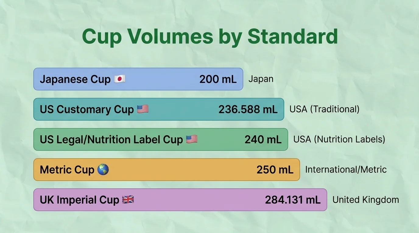 Infographic comparing cup volumes by measurement standard, including the Japanese cup at 200 mL, US customary cup at 236.588 mL, US legal cup at 240 mL, metric cup at 250 mL, and UK imperial cup at 284.131 mL.