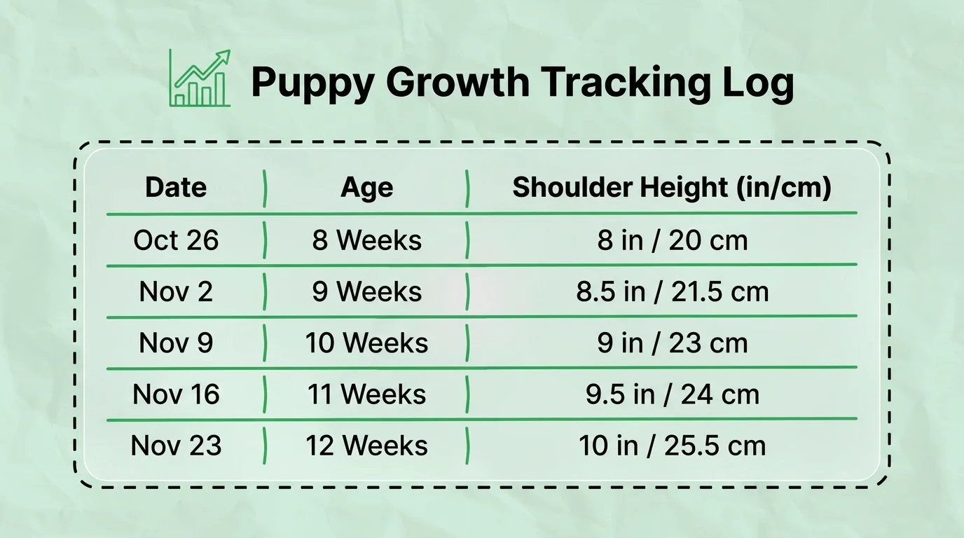 Puppy Growth Tracking Log: Age and Shoulder Height Chart Puppy growth tracking chart showing weekly age and shoulder height measurements from 8 to 12 weeks, increasing from 8 inches (20 cm) to 10 inches (25.5 cm).