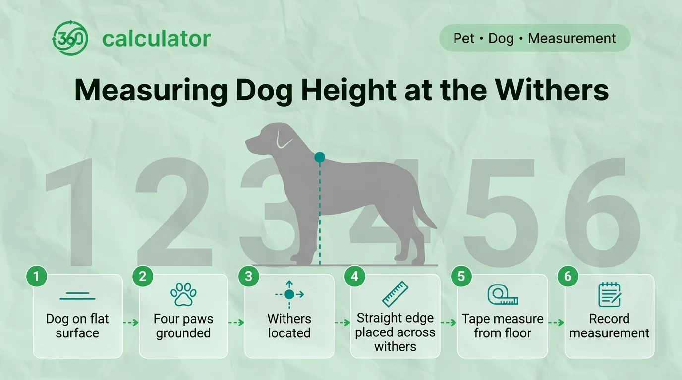 Measuring Dog Height at the Withers: Step-by-Step Guide Infographic showing six steps for measuring a dog’s height at the withers: place the dog on a flat surface, keep all four paws grounded, locate the withers, place a straight edge across the withers, measure from the floor, and record the height.