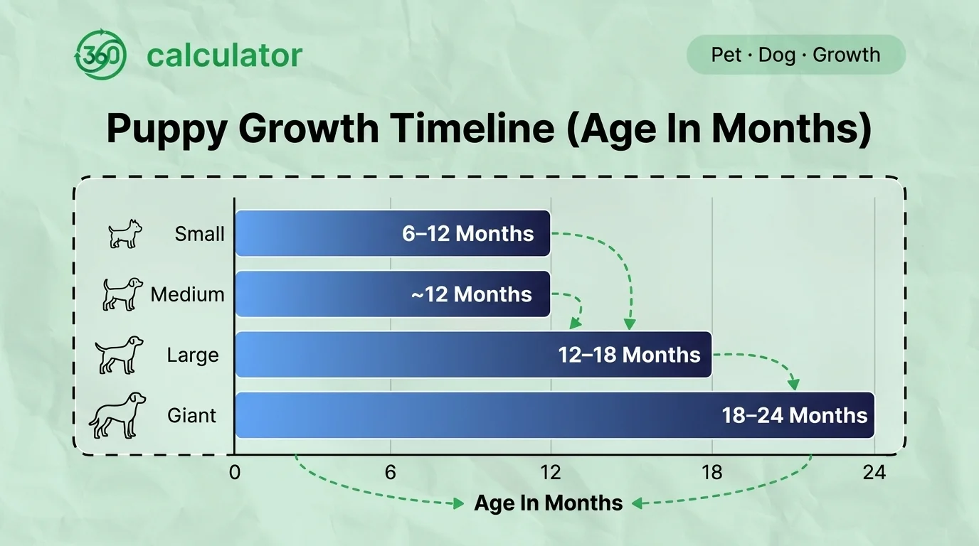 Puppy Growth Timeline by Size: When Do Dogs Stop Growing? Puppy growth timeline showing when small, medium, large, and giant dogs typically reach full size from 6 to 24 months.