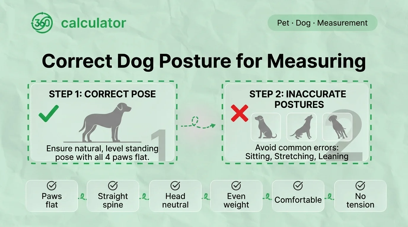 Correct Dog Posture for Accurate Height Measurement Infographic showing the correct dog posture for measuring height, with all four paws flat, a straight spine, neutral head position, and examples of inaccurate sitting, stretching, and leaning postures.