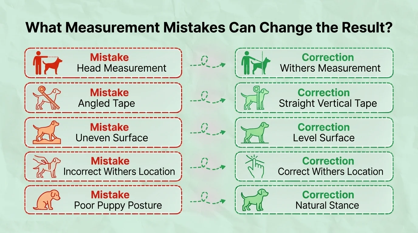 ommon Dog Height Measurement Mistakes and How to Fix Them Infographic showing common dog height measurement mistakes, including measuring the head, using an angled tape, uneven surfaces, incorrect withers location, and poor puppy posture, with corrections for accurate measurement.