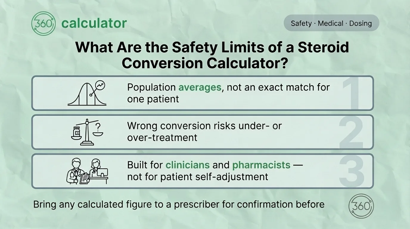 Safety Limits of a Steroid Conversion Calculator Safety limits of a steroid conversion calculator showing population averages, conversion risks, and clinician guidance