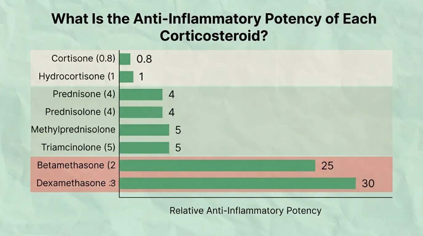Relative Anti-Inflammatory Potency of Corticosteroids Corticosteroids ranked by relative anti-inflammatory potency from cortisone and hydrocortisone to dexamethasone
