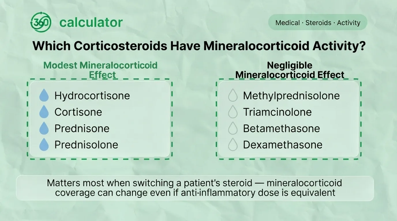 Corticosteroids With Mineralocorticoid Activity Corticosteroids with modest or negligible mineralocorticoid activity, including hydrocortisone, prednisone, methylprednisolone, and dexamethasone